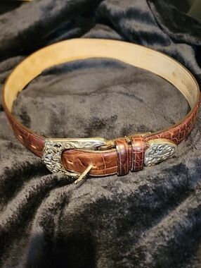Brown Croc-Embossed Leather Belt with Ornate Silver Buckle